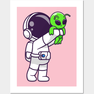 Cute Astronaut Holding Baby Alien Cartoon Posters and Art